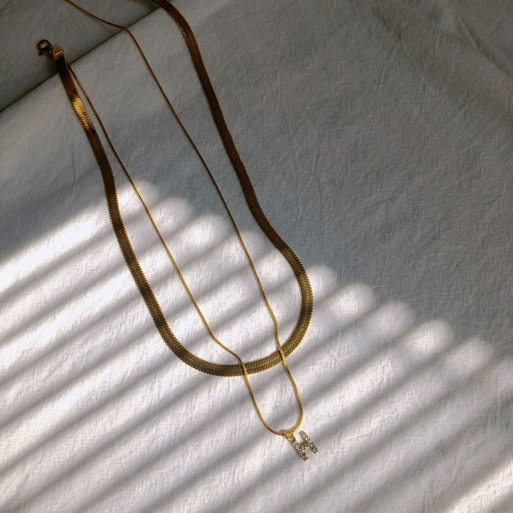 18K Gold Plated Double Layered Initial Letter H Bold Snake Herringbone Necklace - Picture 2 of 4